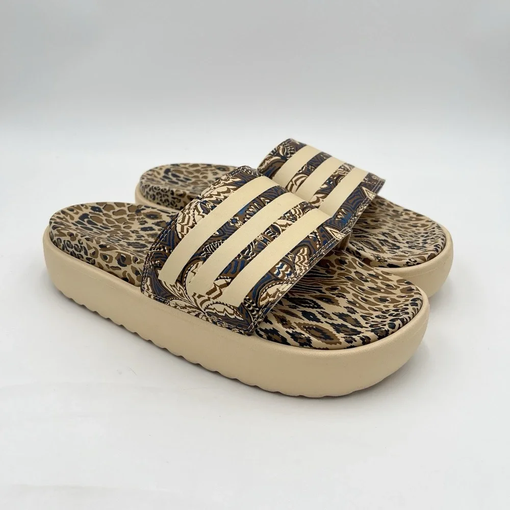 adidas Women's Leopard Print Platform Slides Animal Print 3 Stripe Sandals